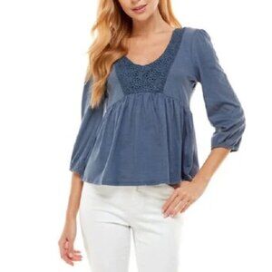Derek Heart Knit Lace Trim Long Sleeve Peasant Top